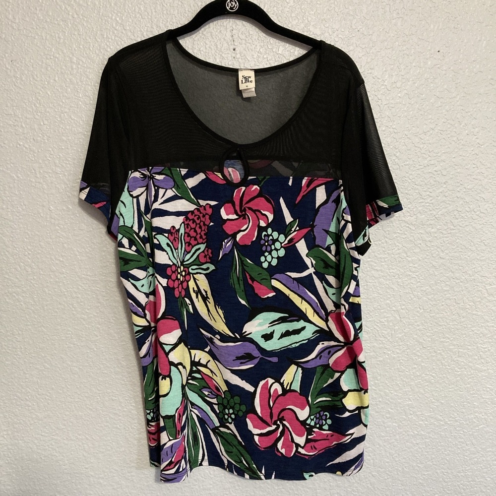 Sew in Love Black Mesh Upper‎ Short Sleeve Floral Top w/Keyhole Neck - SZ XL